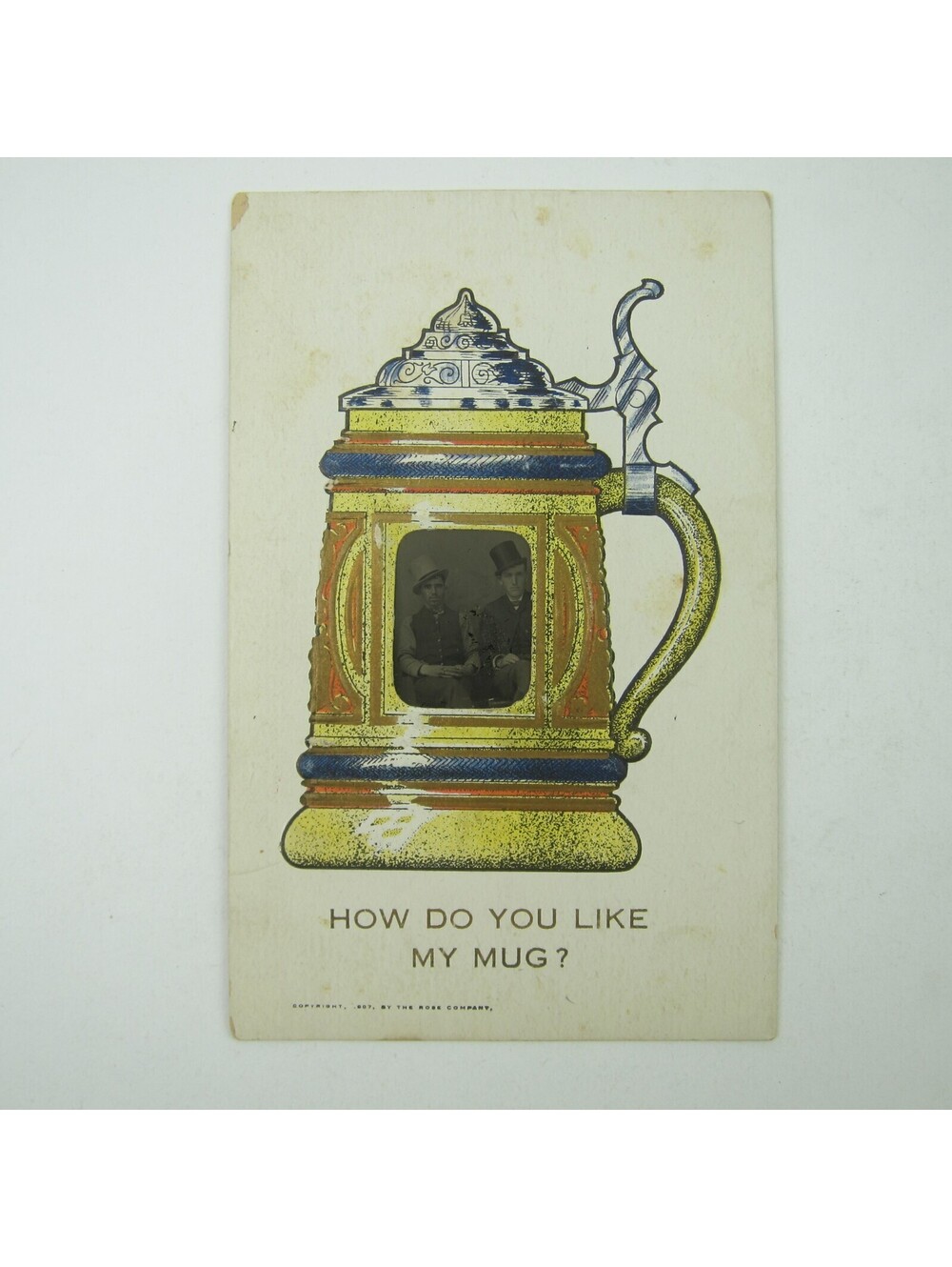 Postcard Real Photo Men Hats in Litho Print Beer Stein Rose Company Antique 1907